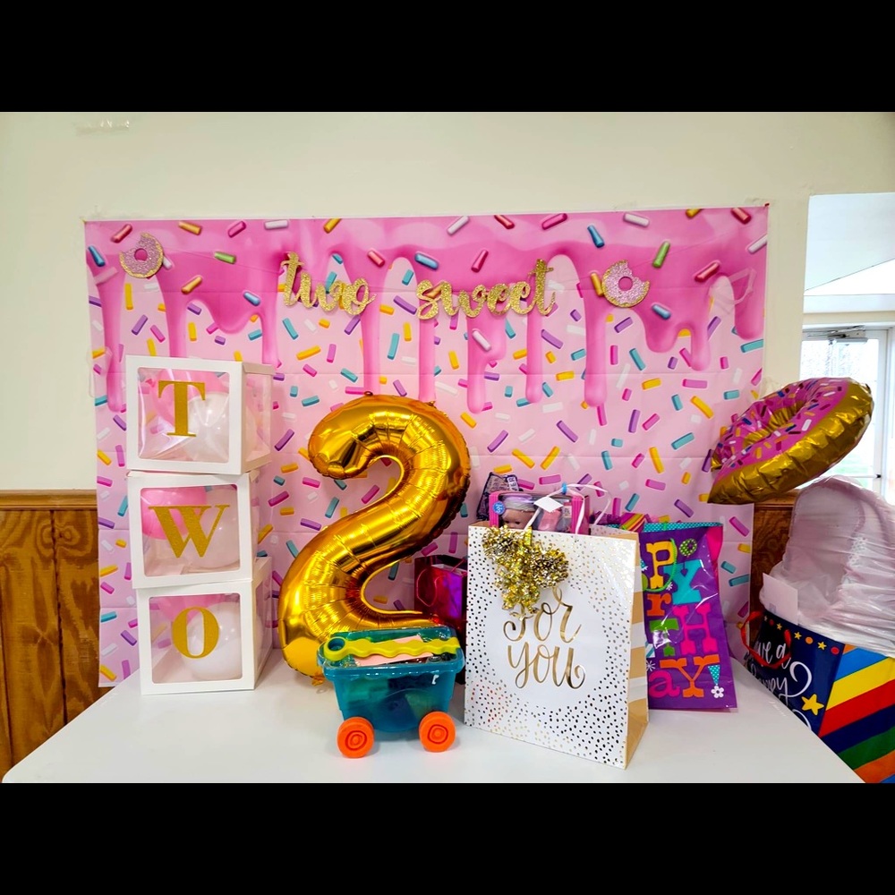 Birthday sprinkle backdrop, Two Blocks , “two sweet” banner, along with donut 🍩